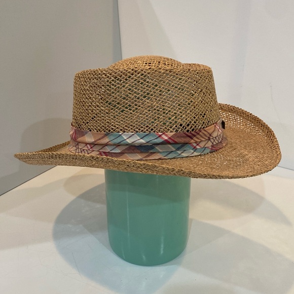 Kangol Sunstoppers Straw Hat in tan w colored band. Sun Protection VTG VGUC - Picture 2 of 14